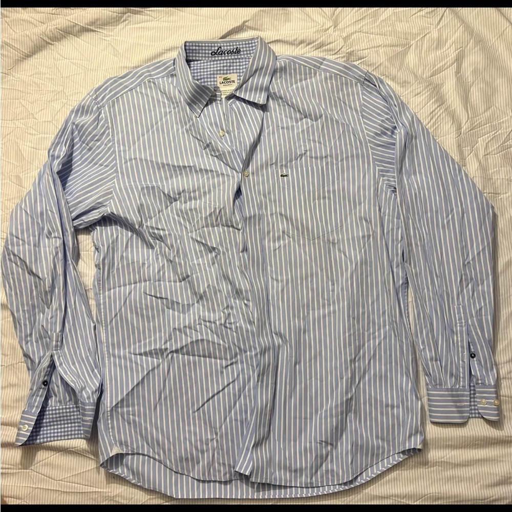 Lacoste Button Shirt Men Size 44 Blue Striped Normal Fit Business Crocodile